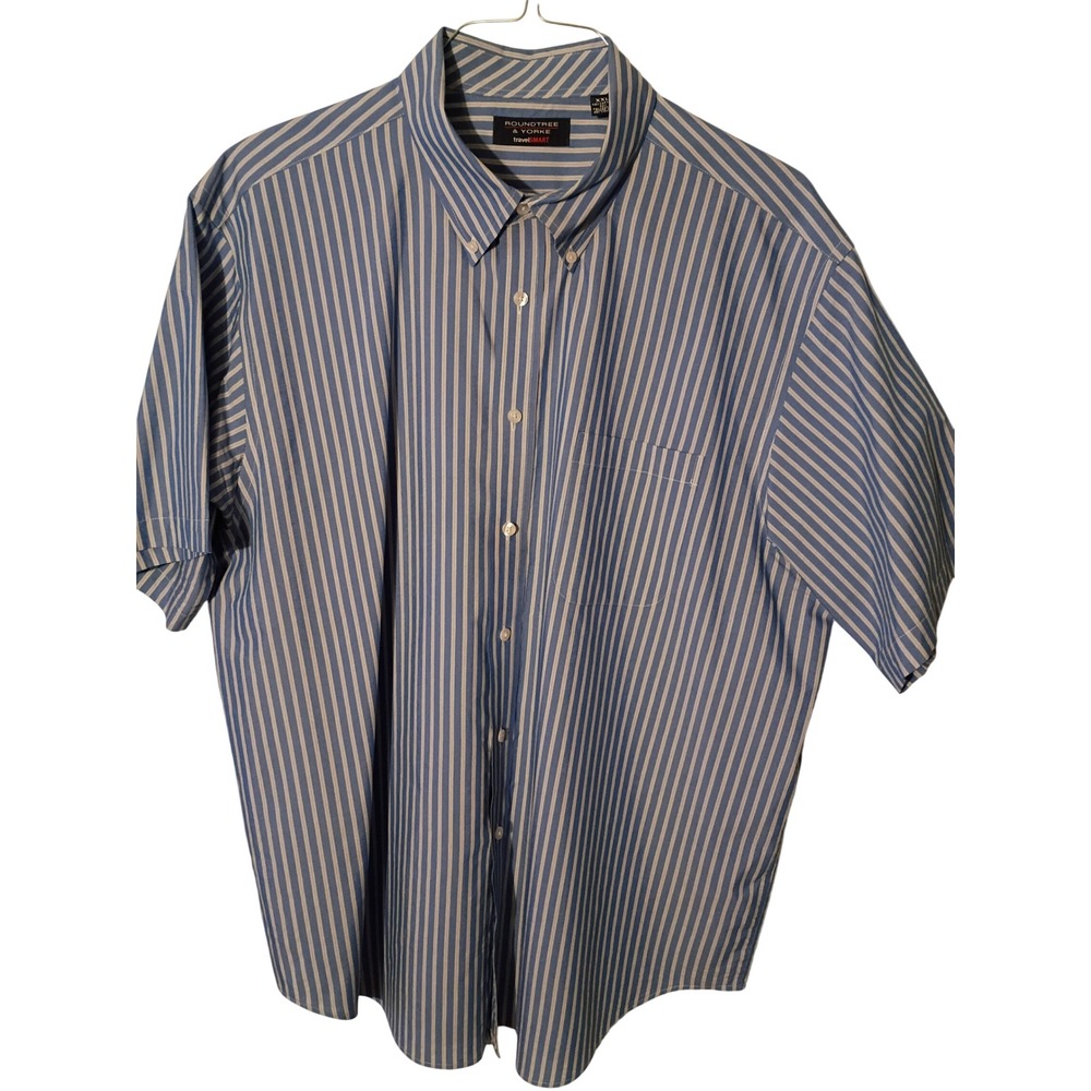 Roundtree & Yorke Mens XXL Blue White Striped Short Sleeve Button Down Shirt